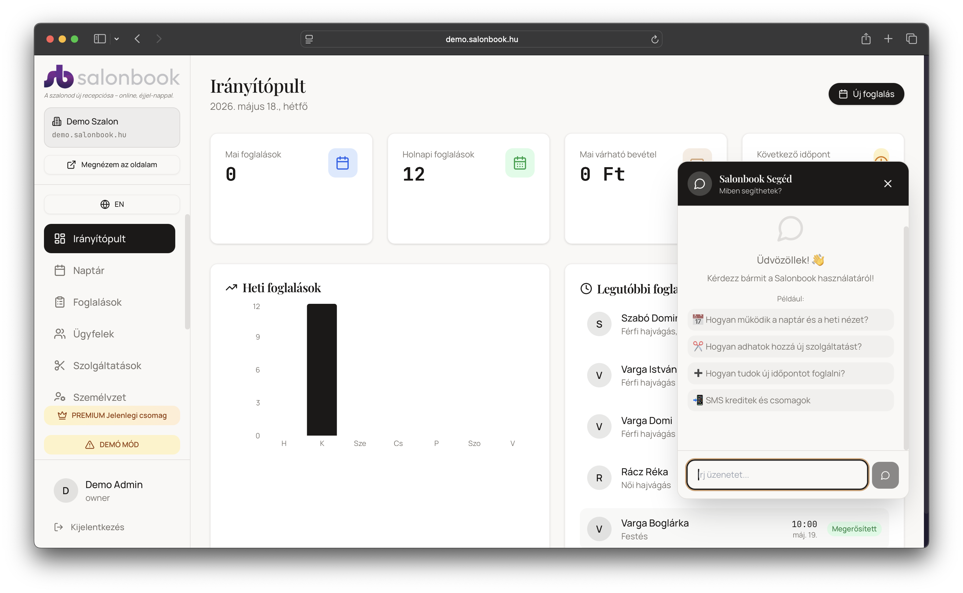 Salonbook irányítópult képernyő