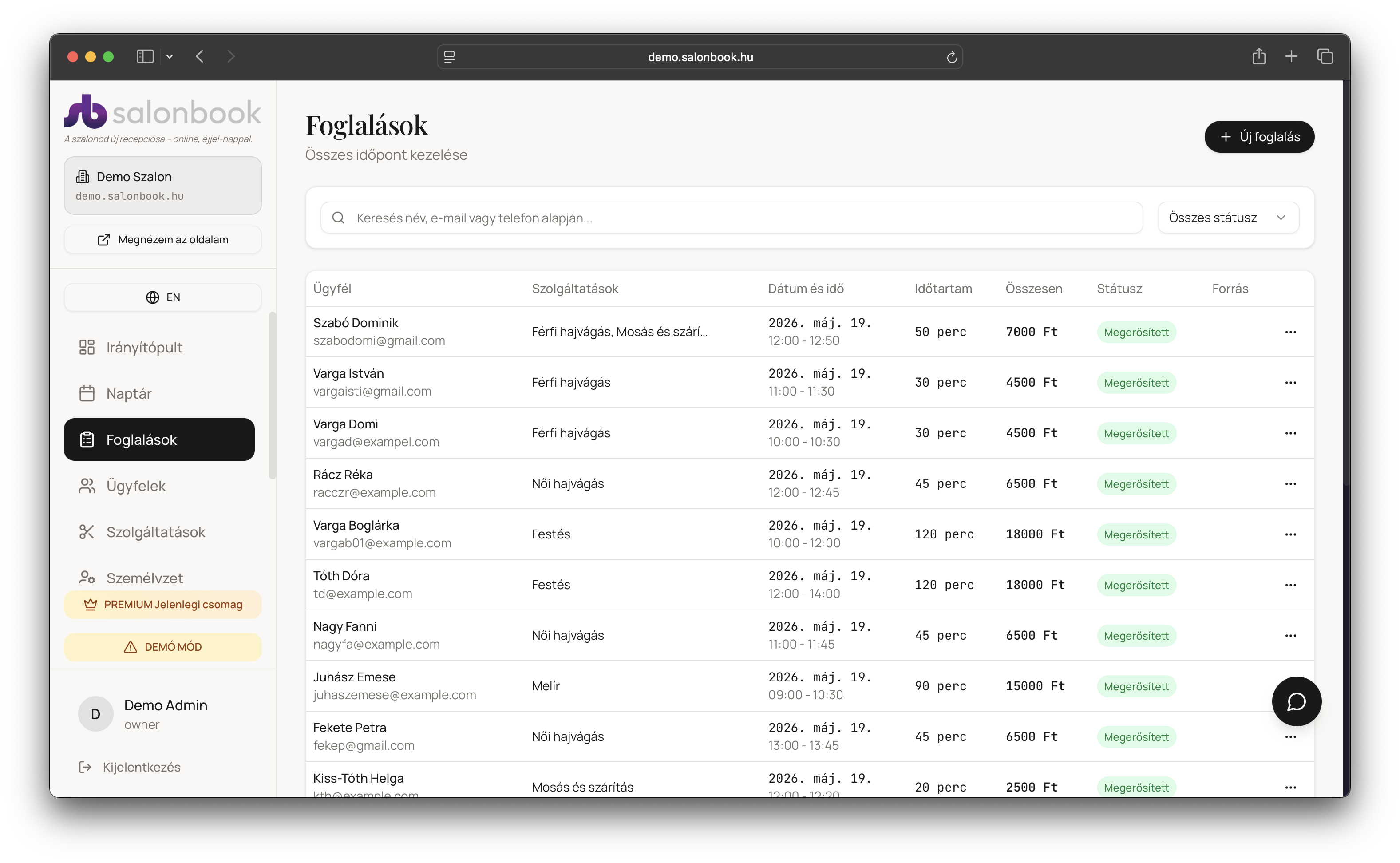 Salonbook foglalások lista
