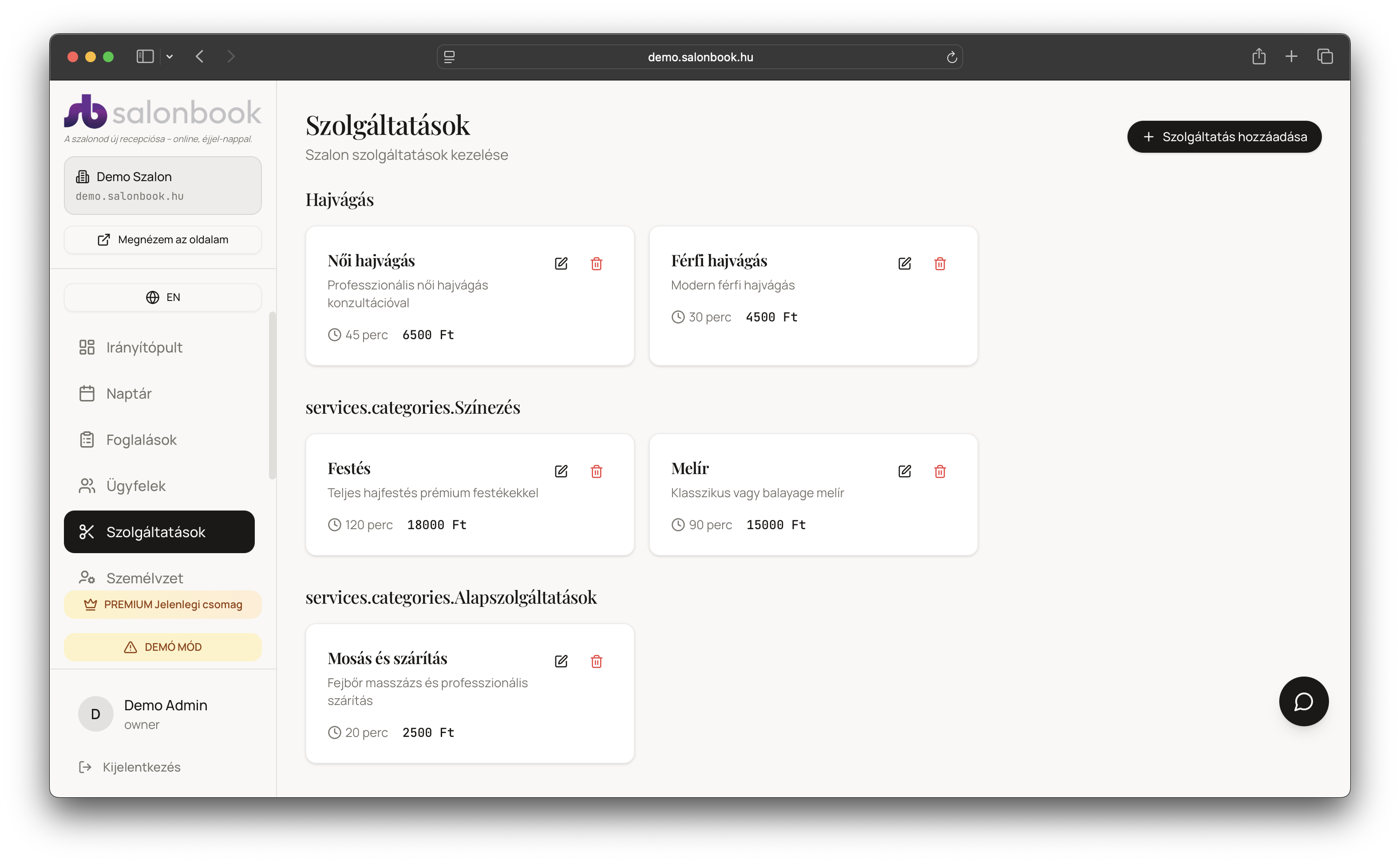 Salonbook szolgáltatások kezelése